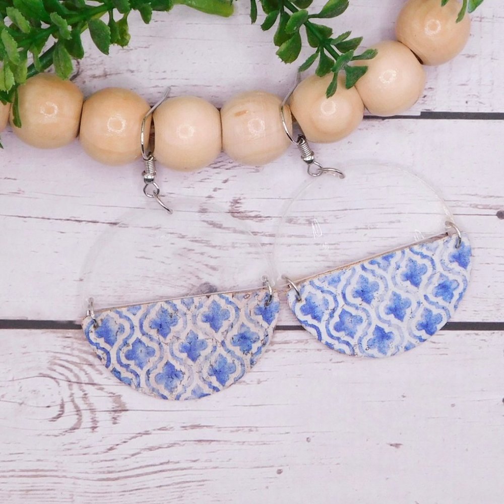 White and blue cork earrings
